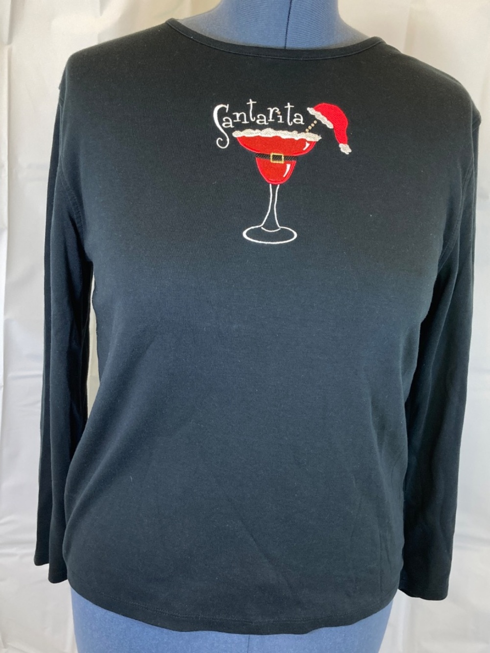Christmas Santarita Black Shirt Sz XL Women Long Sleeve Embroidered Rhinestone